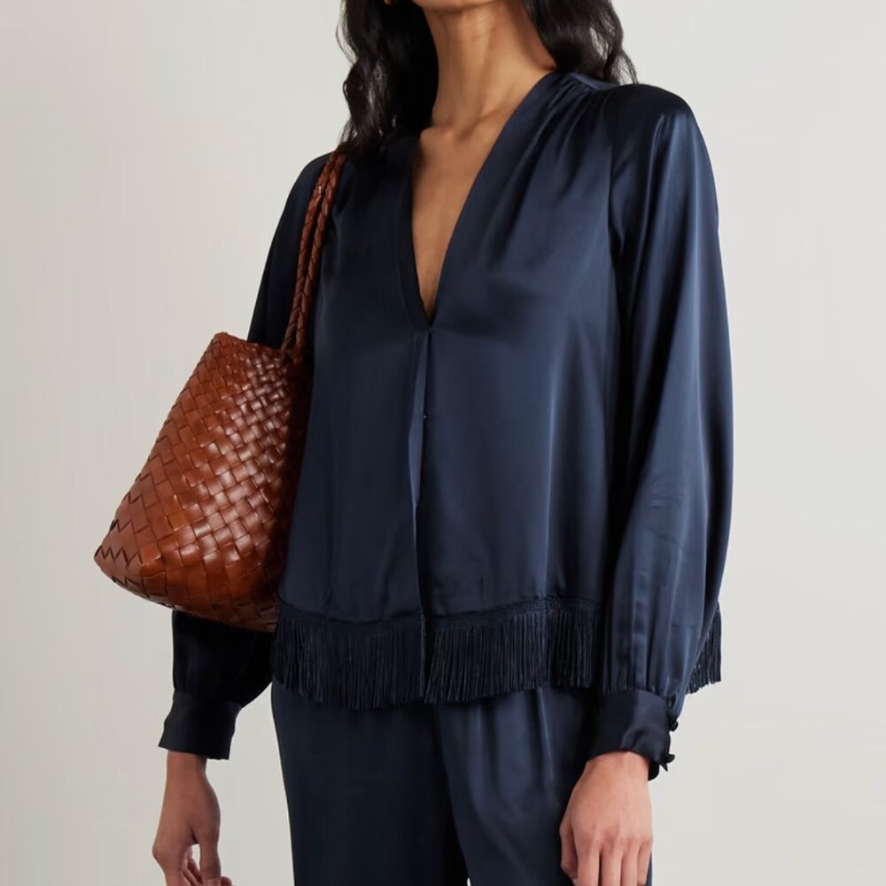 DÔEN's 'Candace' blouse in Navy Silk with Fringe